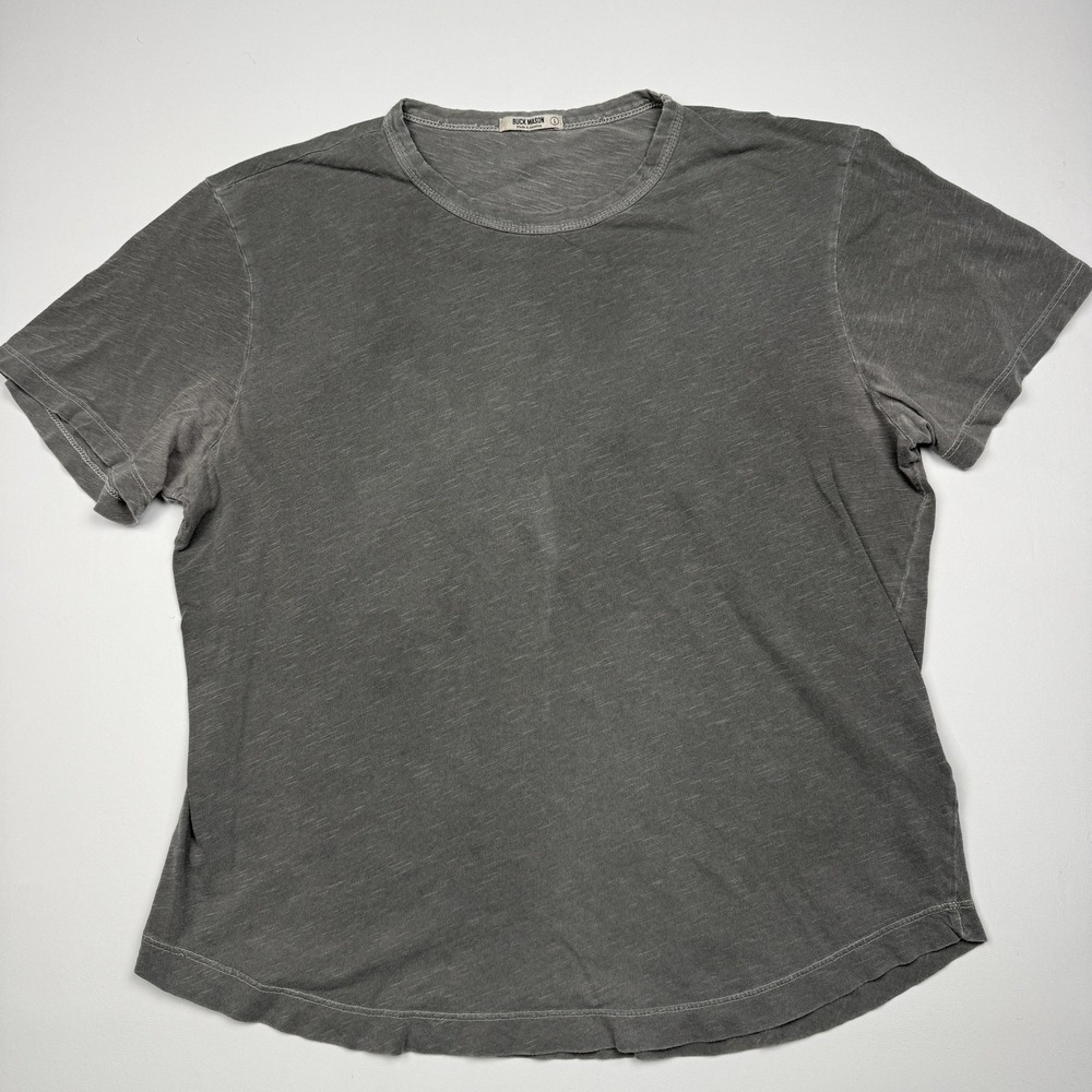 Buck Mason Shirt Mens Large Gray Crewneck Jersey Slub Tee Curved Hem Made USA